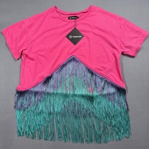 Marigold Kiss Top Women's Large Pink Fringe Festival Fashion Tee